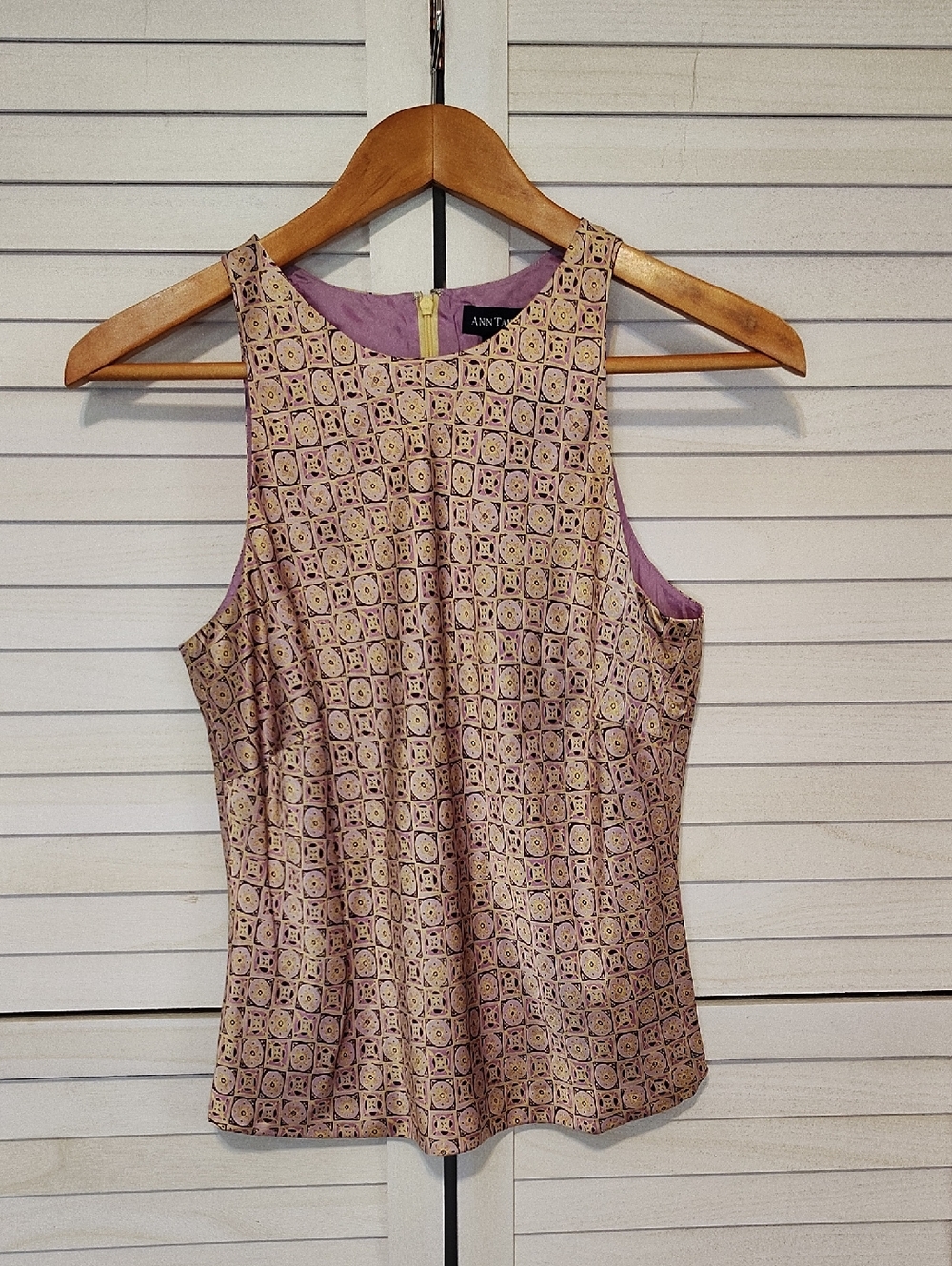 Ann Taylor Silk Lavender and Gold Geometric Sleeveless Top